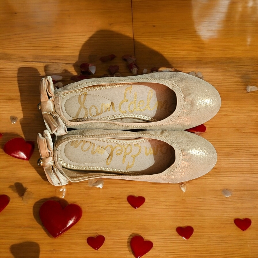 Girl’s SAM EDELMAN Felicia Flats Bow Scrunch Sz 2 Cream/ Metallic - Picture 5 of 7